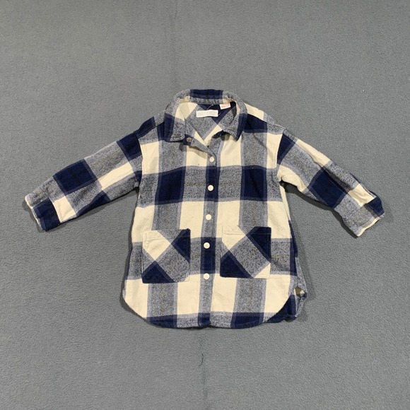 Zara Boys Plaid Flannel Shirt Jacket Size 4-5‎ Years Navy Blue Cream 100% Cotton - Picture 2 of 5
